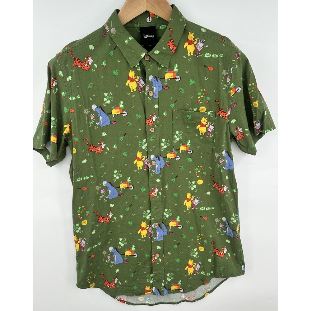 Disney Winnie the Pooh and Friends Green All Over Short Sleeve Button Up Shirt M